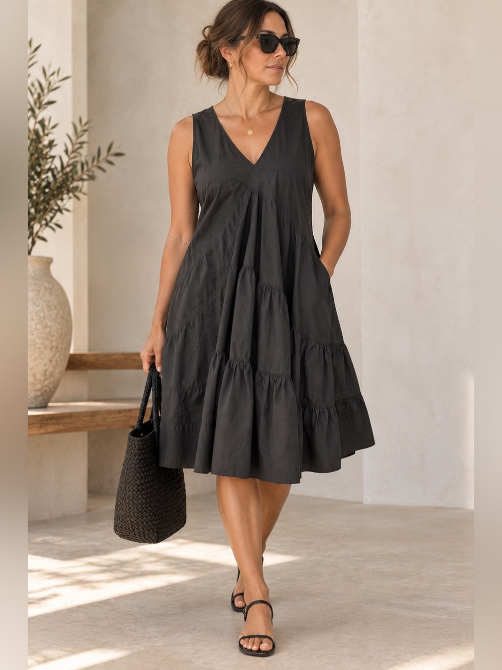 Women’s Gunmetal Olive Midi Dress Size 4 Tiered A-Line Minimalist